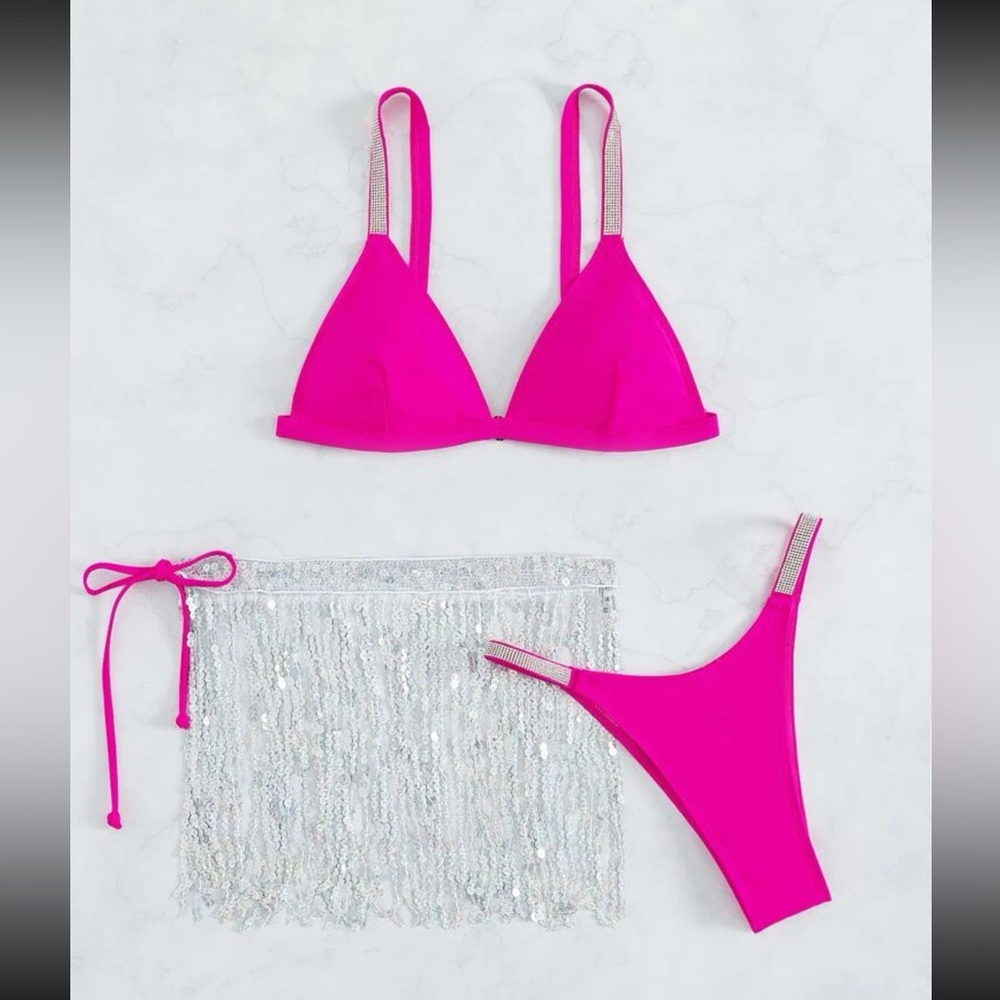 SHEIN Rhinestone Tape Triangle Bikini Swimsuit Size Small Hot Pink